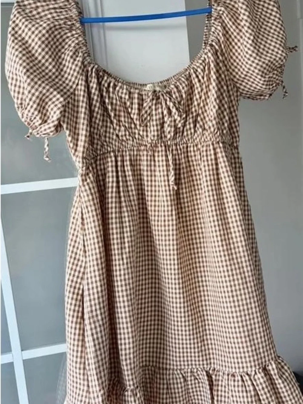 Brown and White Gingham Maxi Dress with Puff Sleeves
